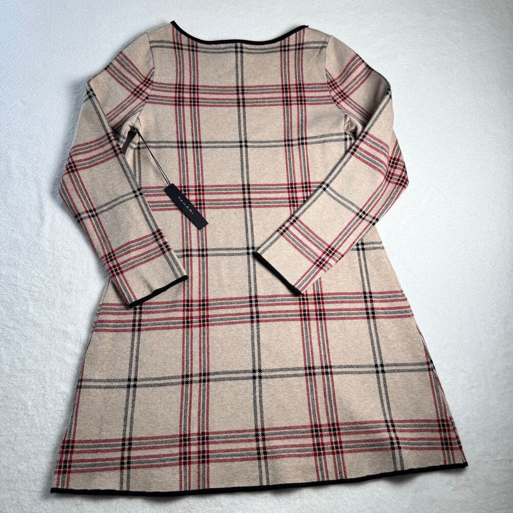 TAHARI Plaid Sweater Knit Shift Dress Beige Academia Old Money NWT Preppy Large - Picture 2 of 10